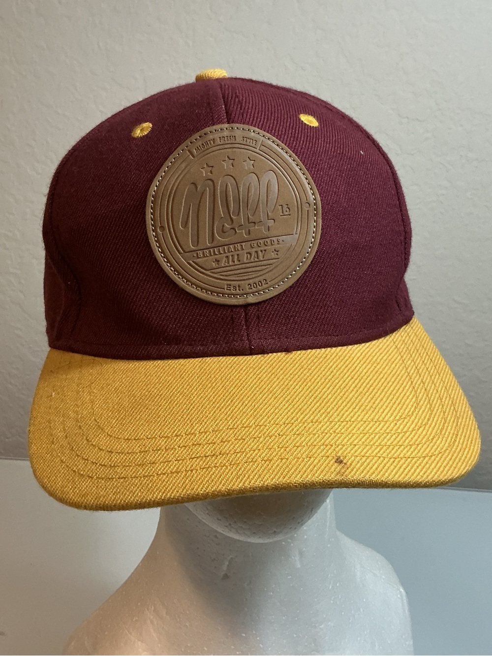 Neff Snapback Hat Leather Patch Maroon Gold Two Tone Wool Blend Skate Cap